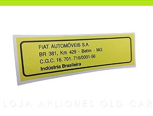 Adesivo Etiqueta Fiat Automóveis S.a / Fábrica Betim - Mg / Selo Capo Mini-frente