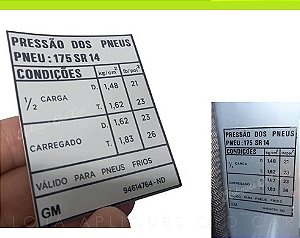 ADESIVO PRESSÃO E MEDIDA DOS PNEUS 175 SR14 / OPALA, CARAVAN, SL, STANDARD