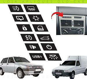 KIT ADESIVOS TECLAS PAINEL FIAT UNO E FIORINO / LINHA 2004 A 2013 / GRAFIA SIMBOLO DAS TECLAS DE ACIONAMENTO