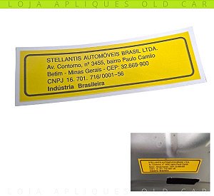 ETIQUETA LATARIA FÁBRICA STELLANTIS AUTOMÓVEIS / ADESIVO ENDEREÇO FÁBRICA BETIM-MG