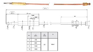 Termopar Série 100 para chama piloto com comprimento L1=600mm rosca  M9x1mm e sensor L2=20mm