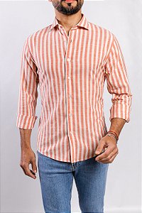 Camisa Cambraia Listrada Coral e Off