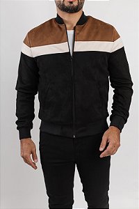 Jaqueta Bomber Suede Preto Bege e Camel