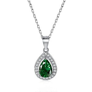 Colar Gota Cravejada Verde Prata Legítima 925 Eternal Joias