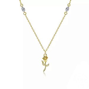 Colar Botao De Rosa Dourado Em Prata De Lei 925