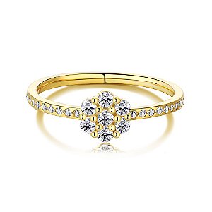 Anel Solitario Pave Flor Dourado Em Prata 925 Eternal Joias