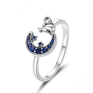 Anel Ajustável Gato E Lua Azul Prata 925 Legitima