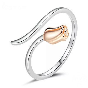 Anel Ajustável Botao De Rosa Rosé Prata 925 Legítima