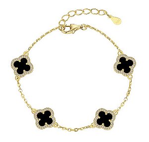Pulseira Trevo Preto Banho Ouro 18k Em Prata Legítima 925