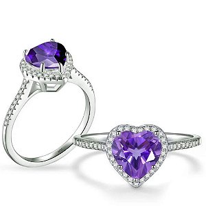 Anel Coração Solitário Cravejado Roxo Em Prata Legítima 925
