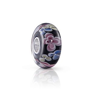 Berloque vidro murano preto flores rosa e azul prata 925