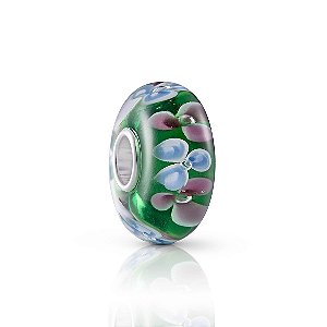 Berloque de vidro murano verde flores rosa e azul prata 925