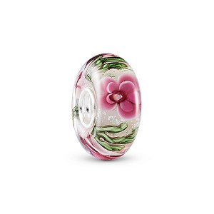 Berloque de vidro murano flores rosa galhos verdes prata 925