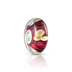 Berloque vidro murano vermelho com flores brancas prata 925