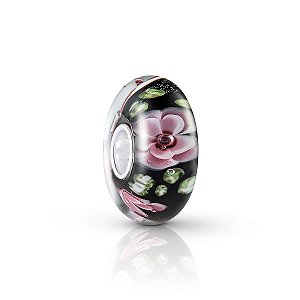 Berloque vidro murano preto flor rosa prata legítima 925
