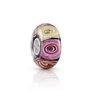 Berloque vidro murano preto floral prata legítima 925