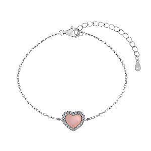 Pulseira Coração Rosa Cravejado Em Prata Legítima 925