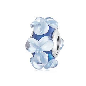 Berloque vidro murano azul floral prata legítima 925