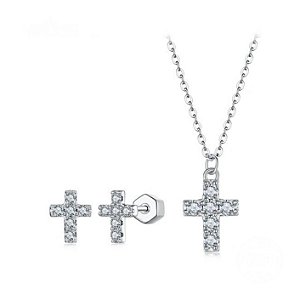 Conjunto cruz diamante moissanite certificado GRA prata 925