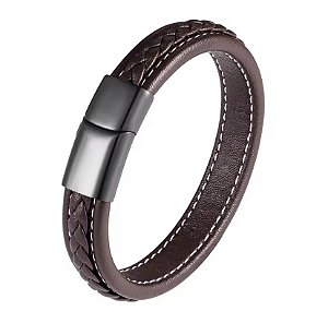 Pulseira couro trançado aço inox com banho rodio negro