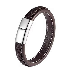 Pulseira couro trançado marrom aço inox fecho cromado