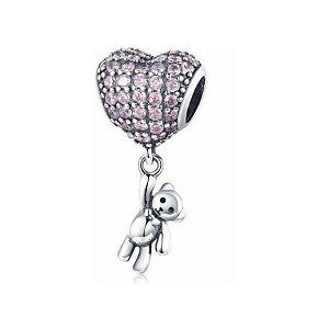 Berloque Charm Urso E Coração Prata Leve