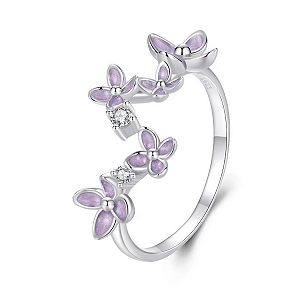 Anel Ajustável Flor Lilás Em Prata 925 Legítima