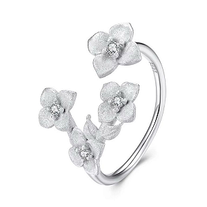 Anel floral fosco ajustavel em prata legítima 925