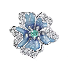 Berloque Flor Azul Stopper com Silicone Prata Legitima 925