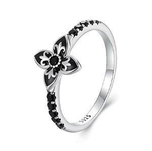 Anel Flor de Liz com Zircônias Preta Em Prata 925 Legítima