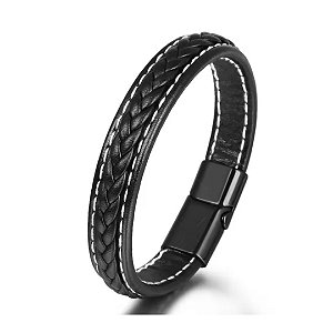 Pulseira couro preto trançado aço inox com banho rodio negro