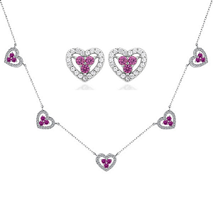 Conjunto Brinco e Colar Corações Pink Prata Legítima 925