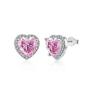 Brinco coracao brilhante cravejado rosa em Prata 925