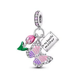 Berloque borboleta flor tulipa carta para linda mãe prata