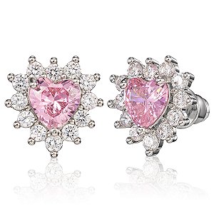 Brinco coração rosa claro brilhante semijoia banho de ródio