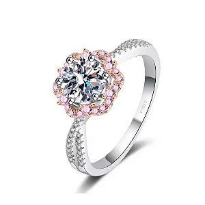 Anel flor pavê rosa moissanite luxo 6.5mm 1.0ct prata 925