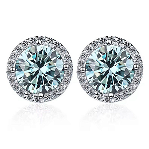 Brinco cravejado moissanite Azul 6.5mm 1.0ct prata 925