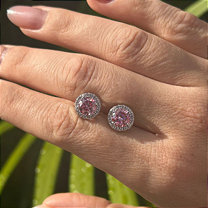 Brinco cravejado moissanite rosa 6.5mm 1.0ct prata 925