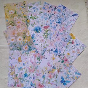 Papéis Estampados A6 Papel Retrô 12pçs - Flores Aquareladas