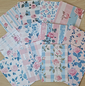 Papéis Estampados A6 Papel Retrô 12pçs - Rosas e Listras