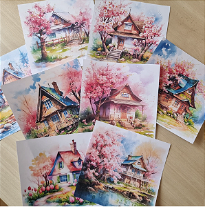 Papéis Estampados 15x15 cm Papel Retrô 8pçs  - Casas de Campo