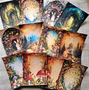 Papéis Estampados A6 Papel Retrô 12pçs - Floresta de Cogumelos