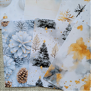 Papéis Estampados A6 Papel Retrô 12pçs - Inverno Dourado