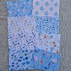 Papéis Estampados A5 Papel Retrô 8pçs - Floral Azul