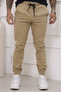Calça Jogger Masculina Sarja Bege com Cordão Ajustável