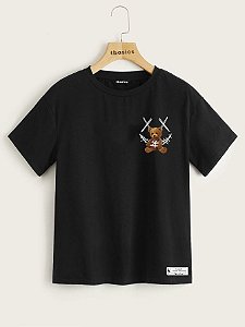 Camiseta Street Wear Preta Estampa urso na rede 100% Algodão Linha Premium