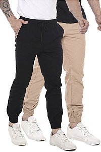 Kit 02 Calças Jogger Sarja Masculina Preta e Bege