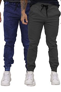 Kit 02 Calças Jogger Sarja Premium Masculina Jeans e Cinza