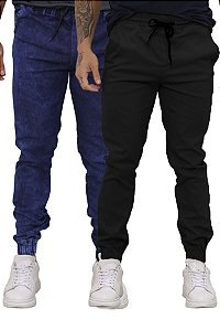 Kit 02 Calças Jogger Sarja Premium Masculina Preta e Jeans