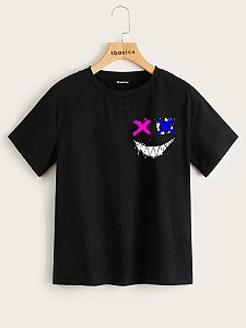 Camiseta Street Wear Preta Estampa Sorriso Malvado 100% Algodão Linha Premium